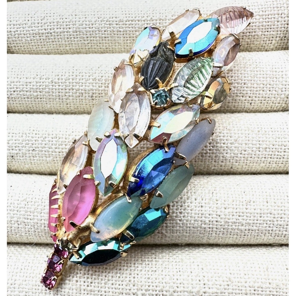 Vintage Juliana Rhinestone Feather Brooch 3.5 AB Aurora borealis Multicolored